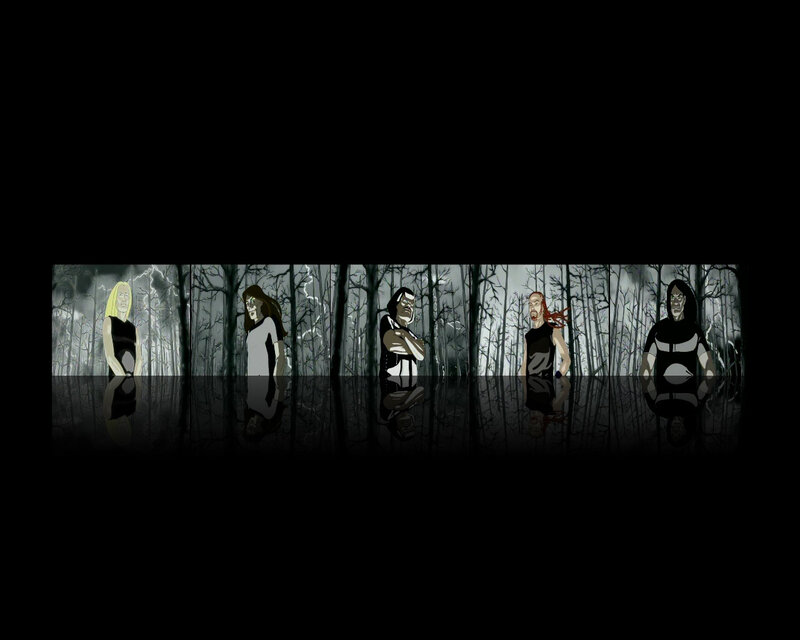 Five figures in a dark forest