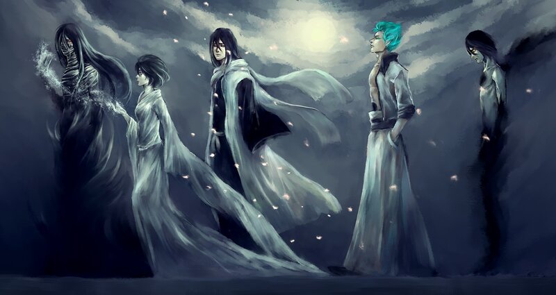 Five figures in a dark landscape