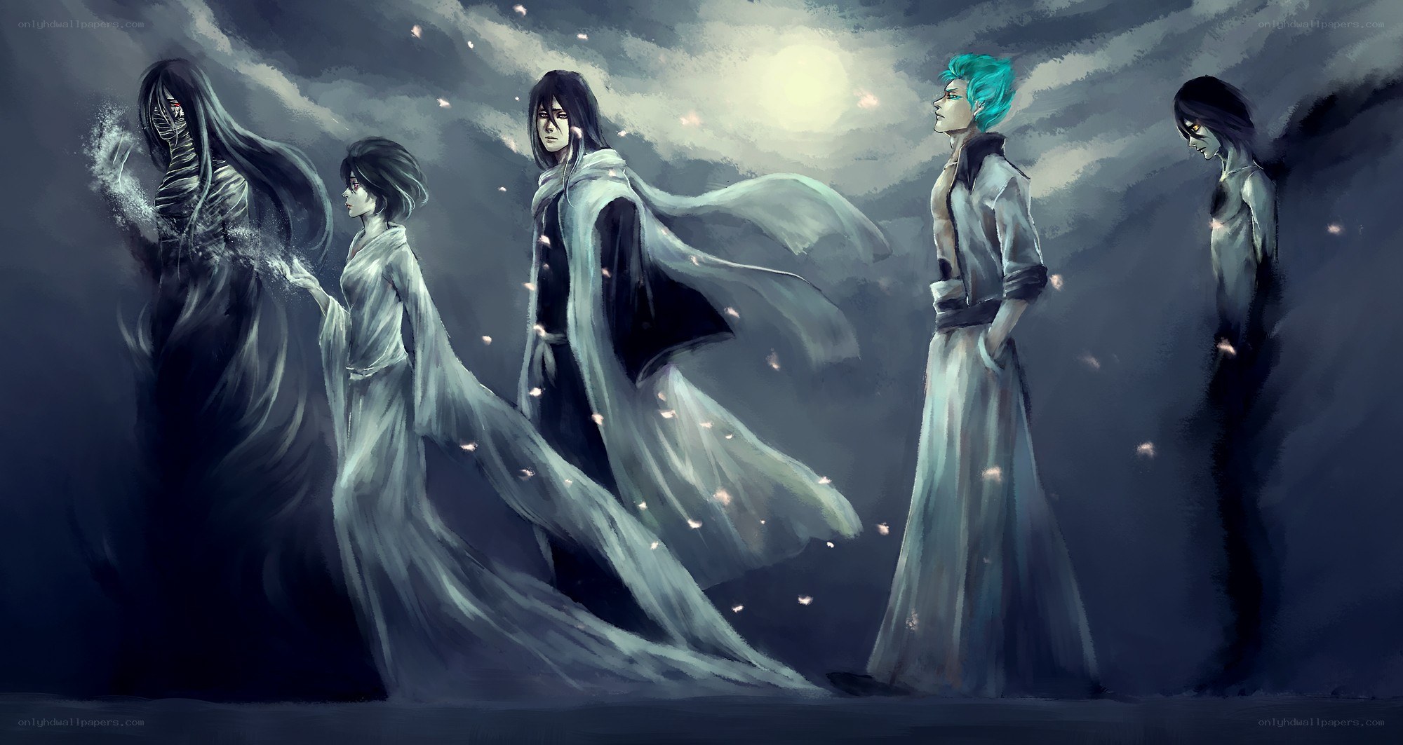 Five figures in a dark landscape