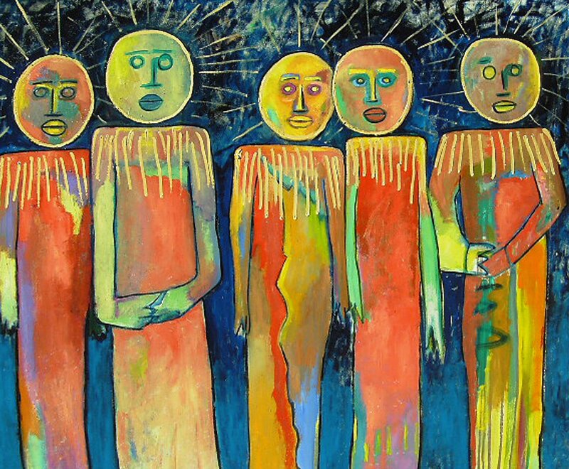 Five figures with radiant heads
