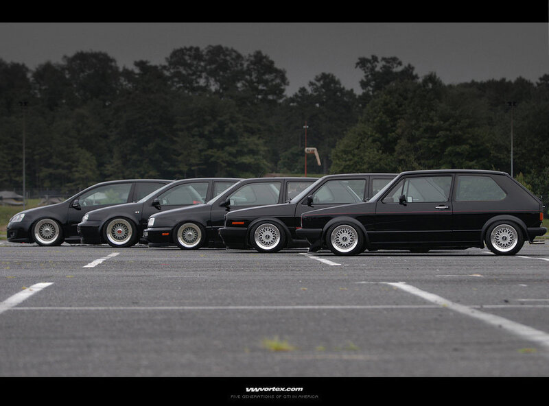 Five generations of black GTI cars