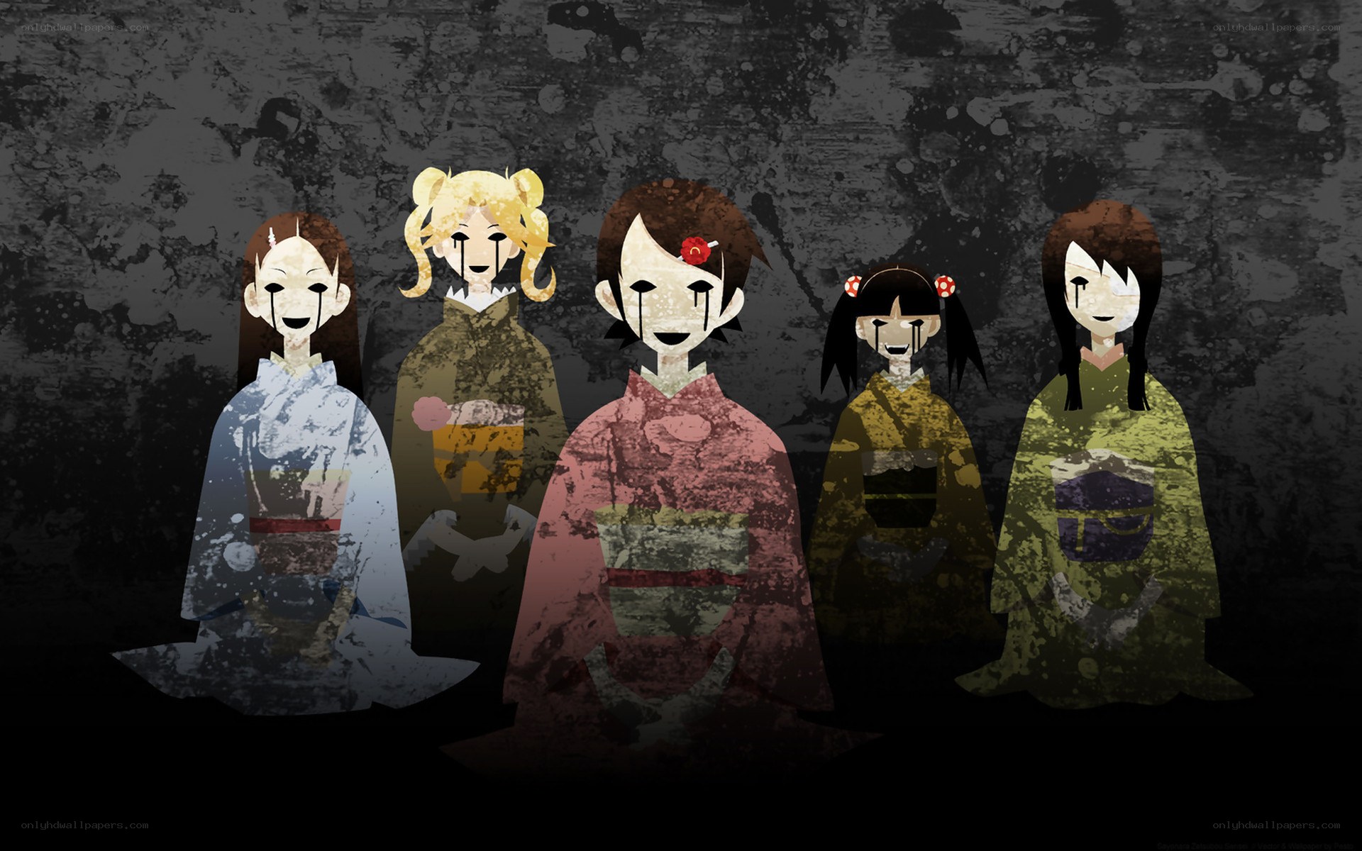Five ghostly figures in traditional attire