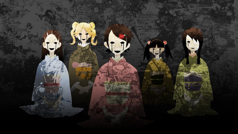 Five ghostly figures in traditional attire