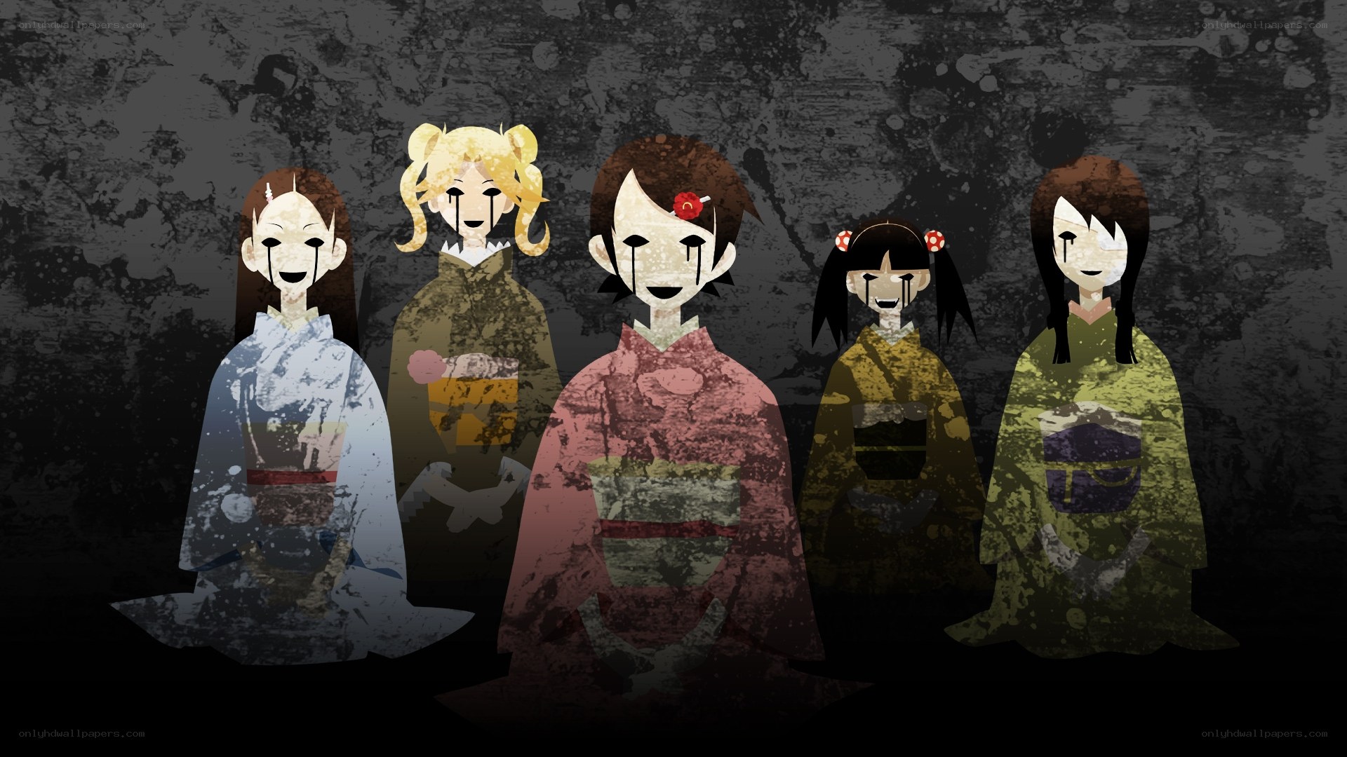 Five ghostly figures in traditional attire