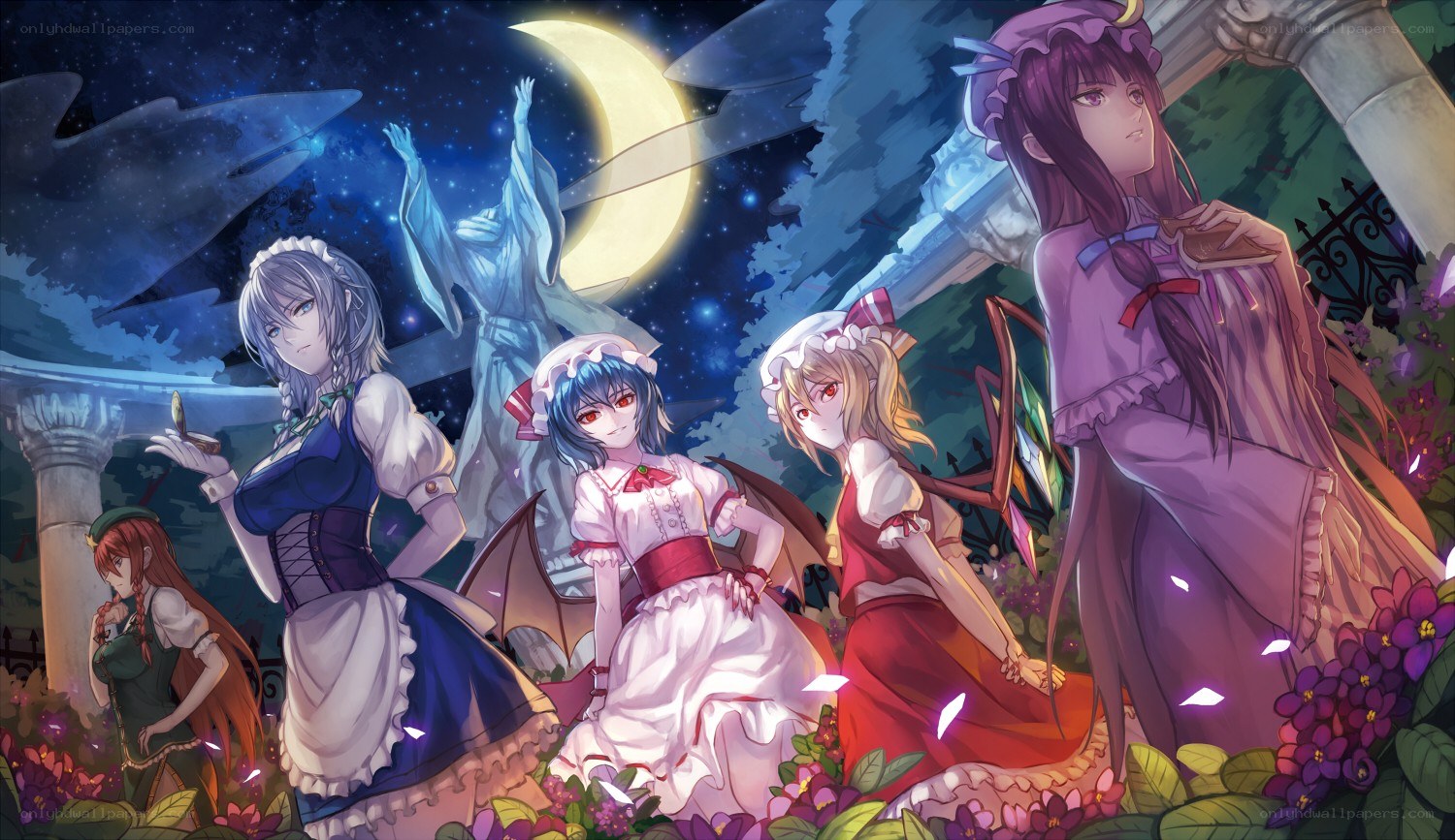 Five girls in a moonlit garden