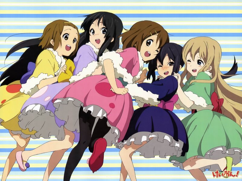 Five girls in colorful dresses