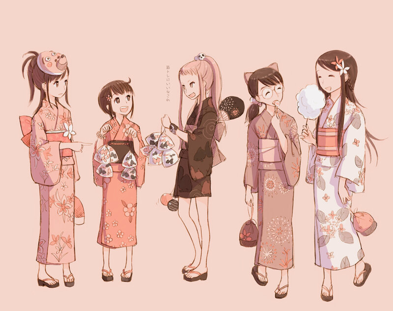 Five Girls in Kimonos — Pink, Cheerful