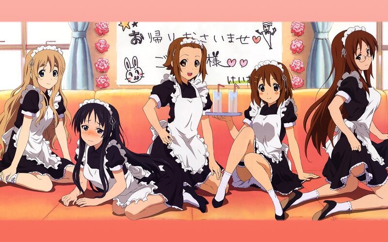 Five Girls in Maid Outfits — Black, Cheerful, Anime