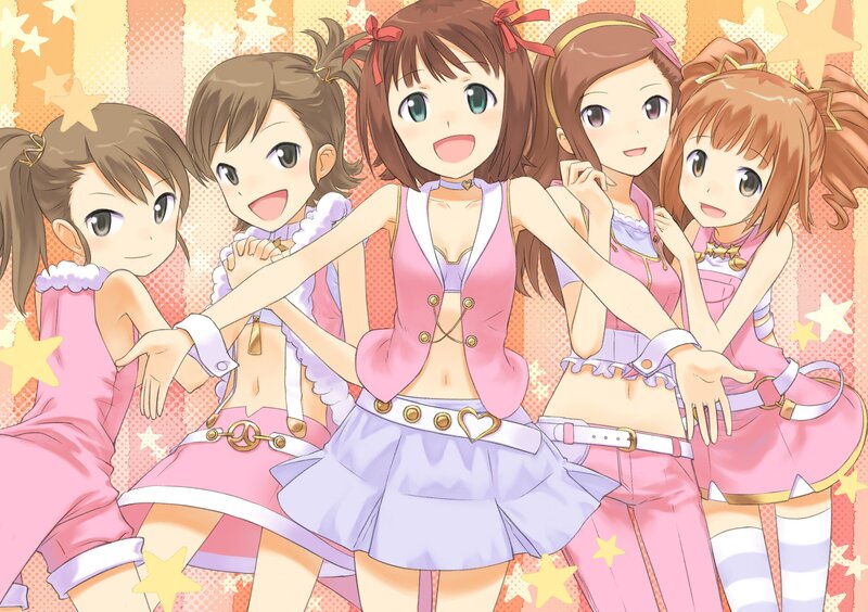 Five girls in pink outfits