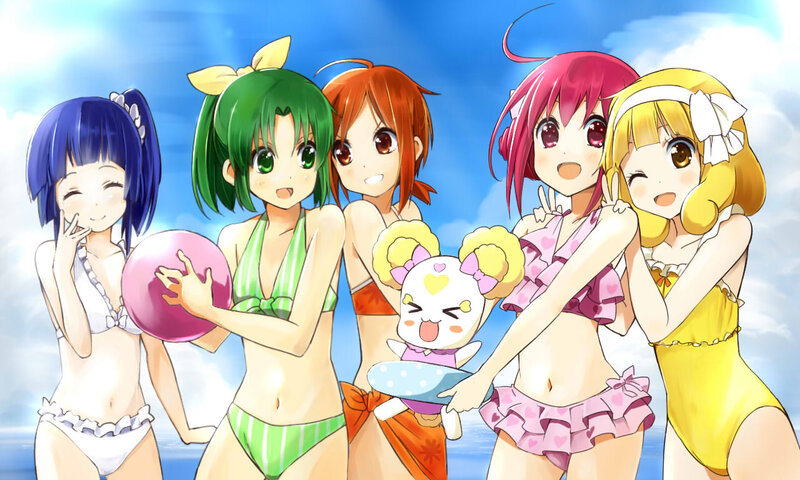 Five Girls in Swimsuits — Blue, Cheerful, Summer