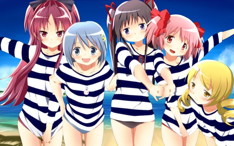 Five Girls in Swimsuits — Blue, Cheerful