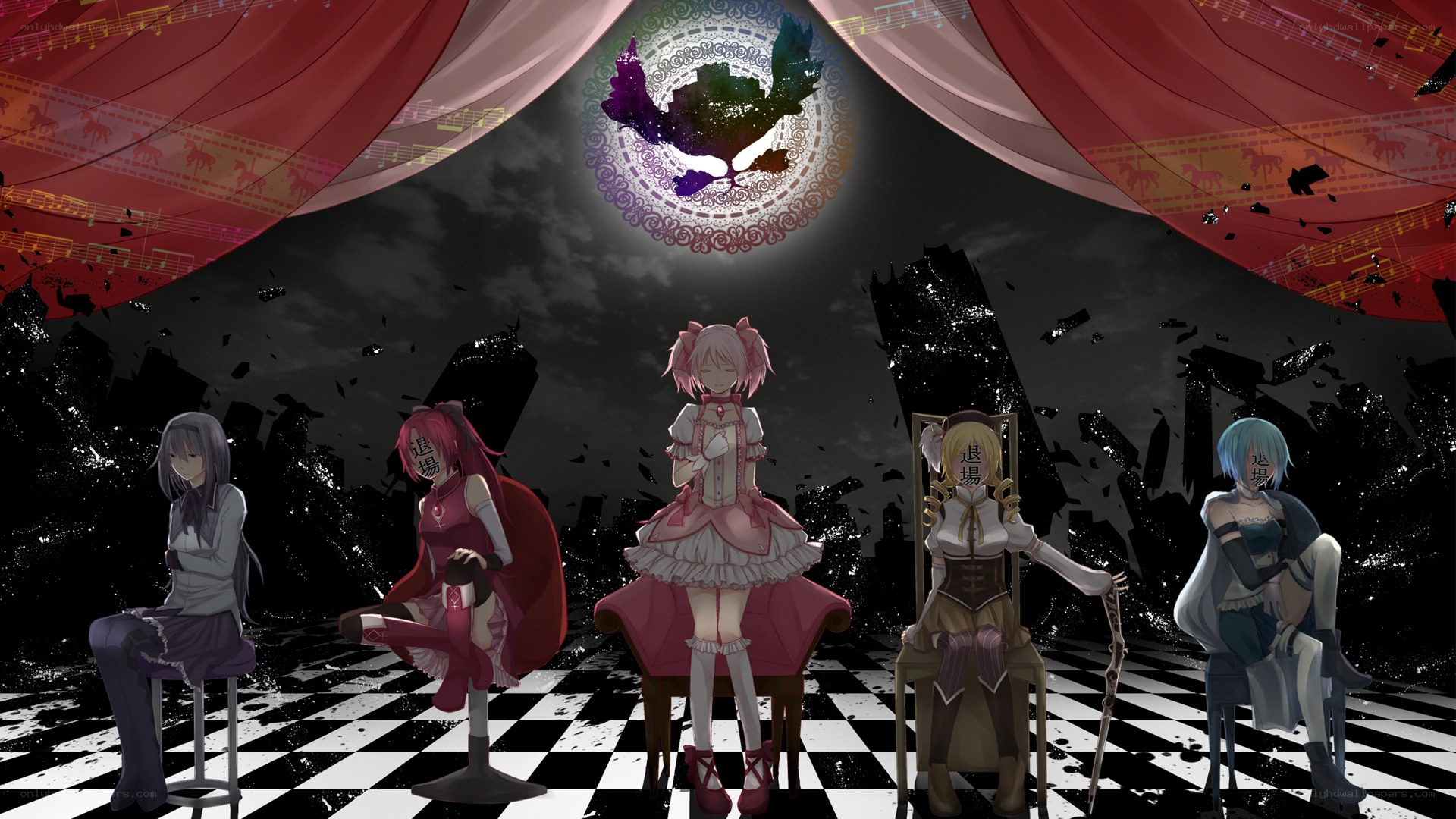 Five girls on a checkered stage