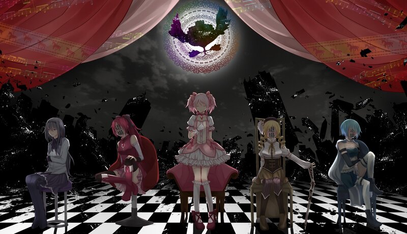 Five girls on a checkered stage
