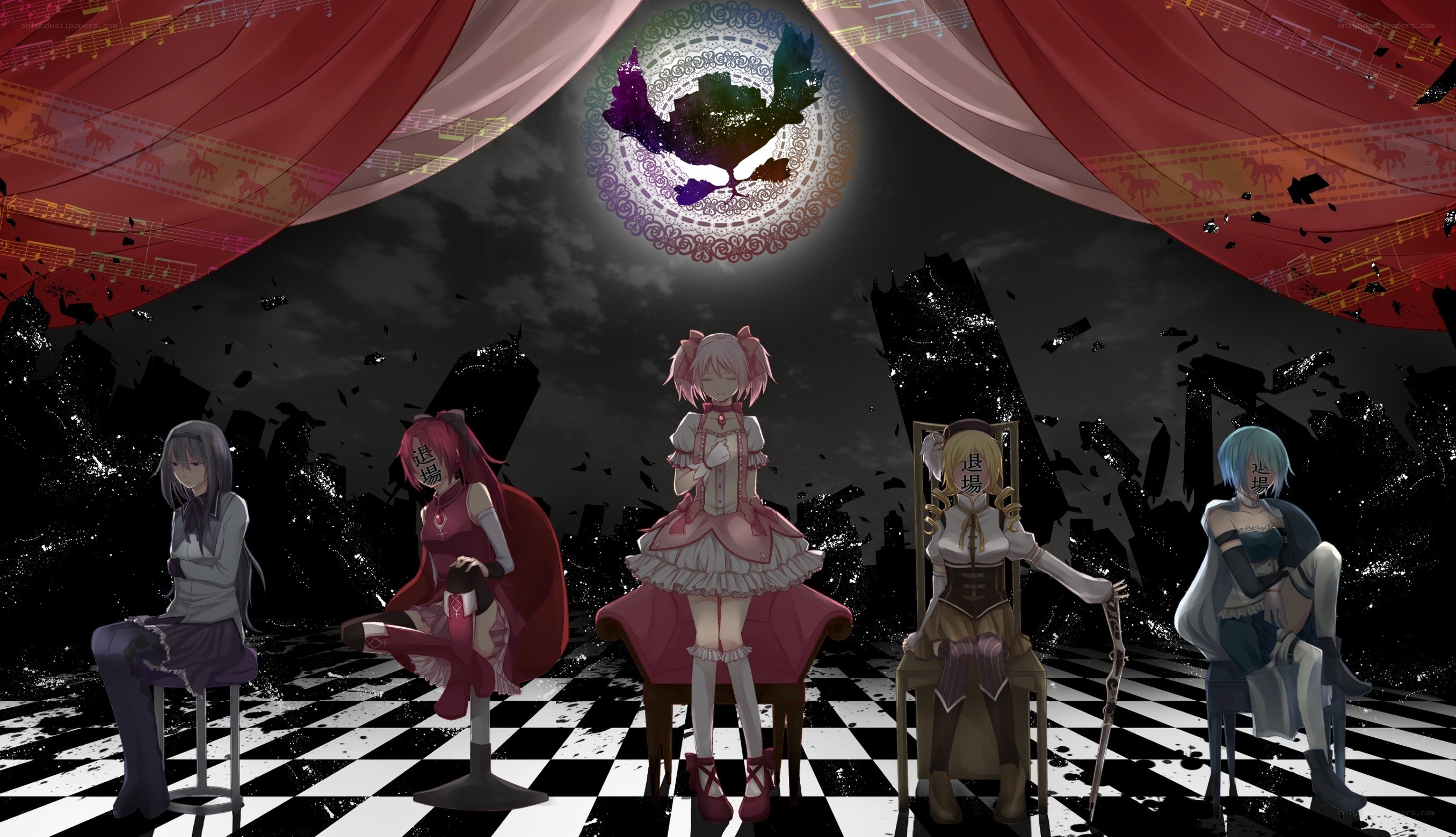 Five girls on a checkered stage