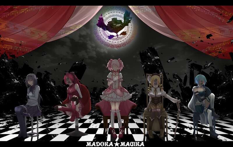 Five girls on a checkered stage