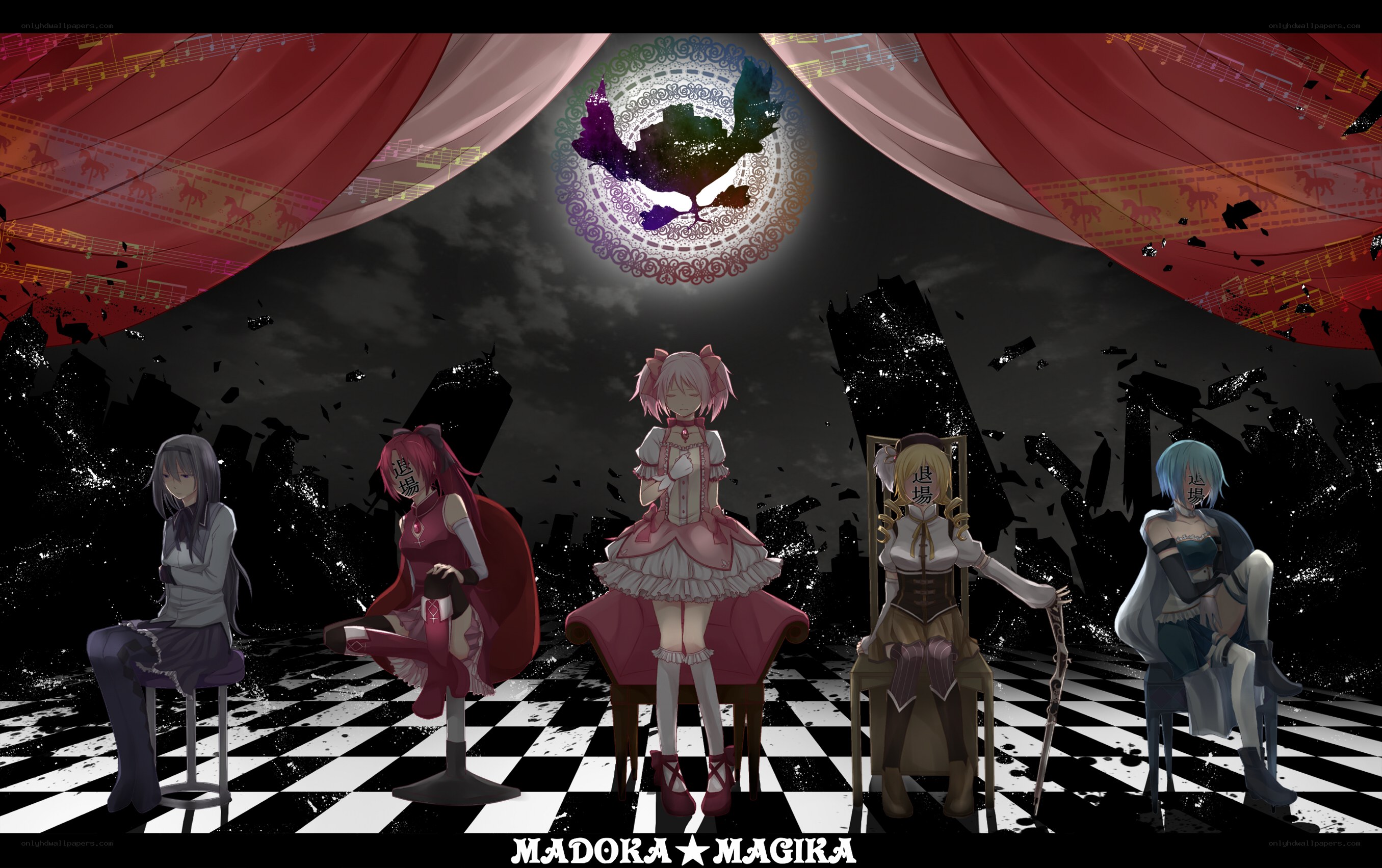Five girls on a checkered stage
