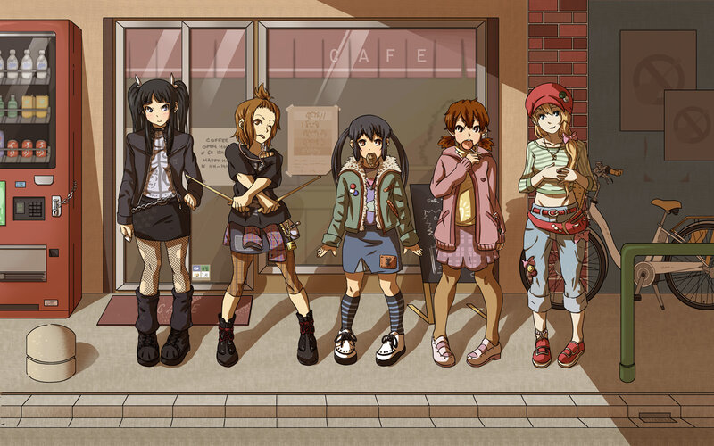 five girls outside a cafe
