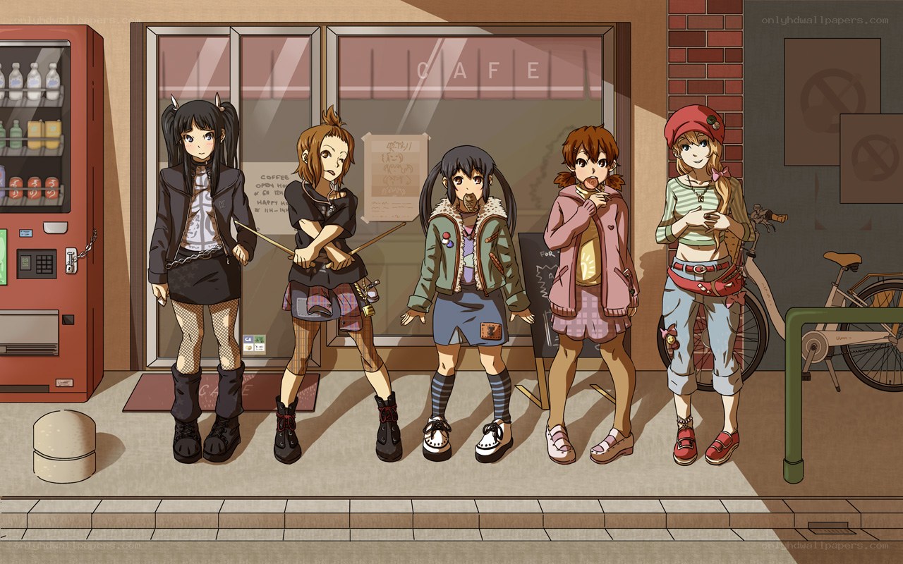 five girls outside a cafe
