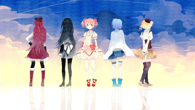 five girls standing on clouds
