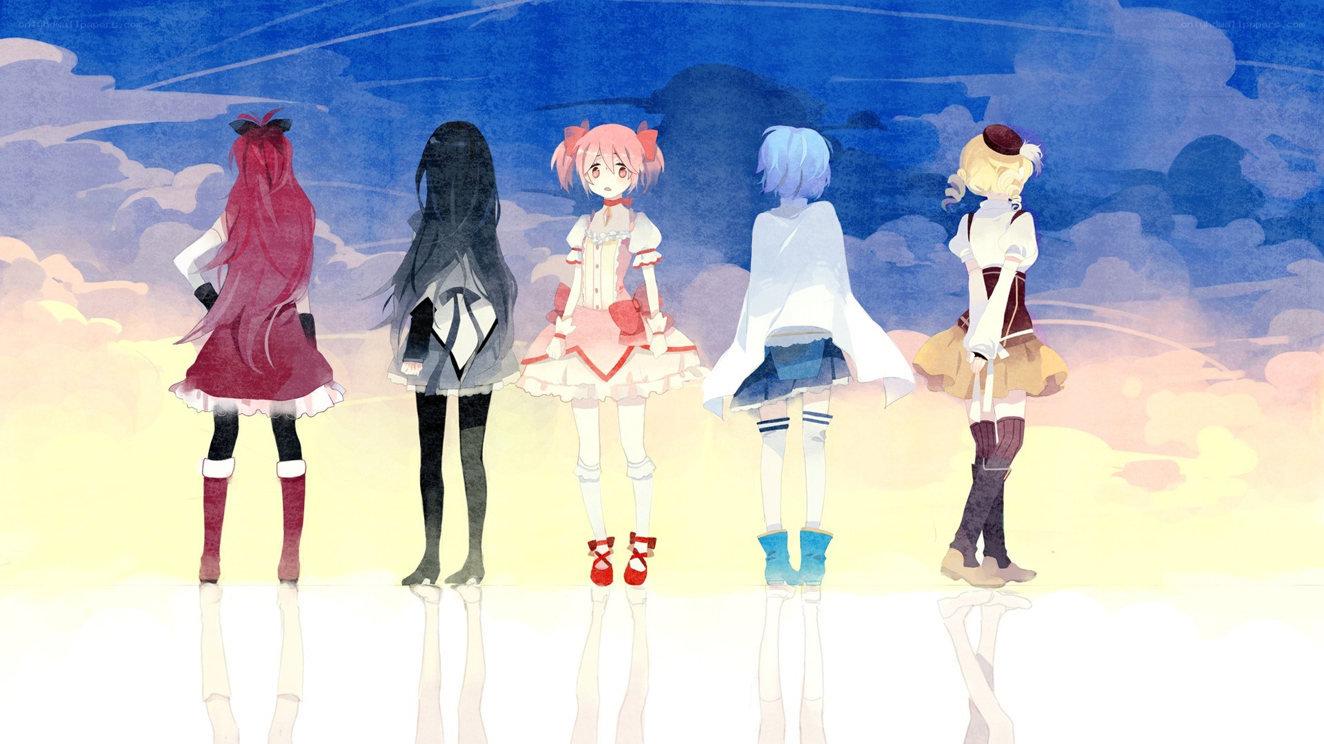 five girls standing on clouds