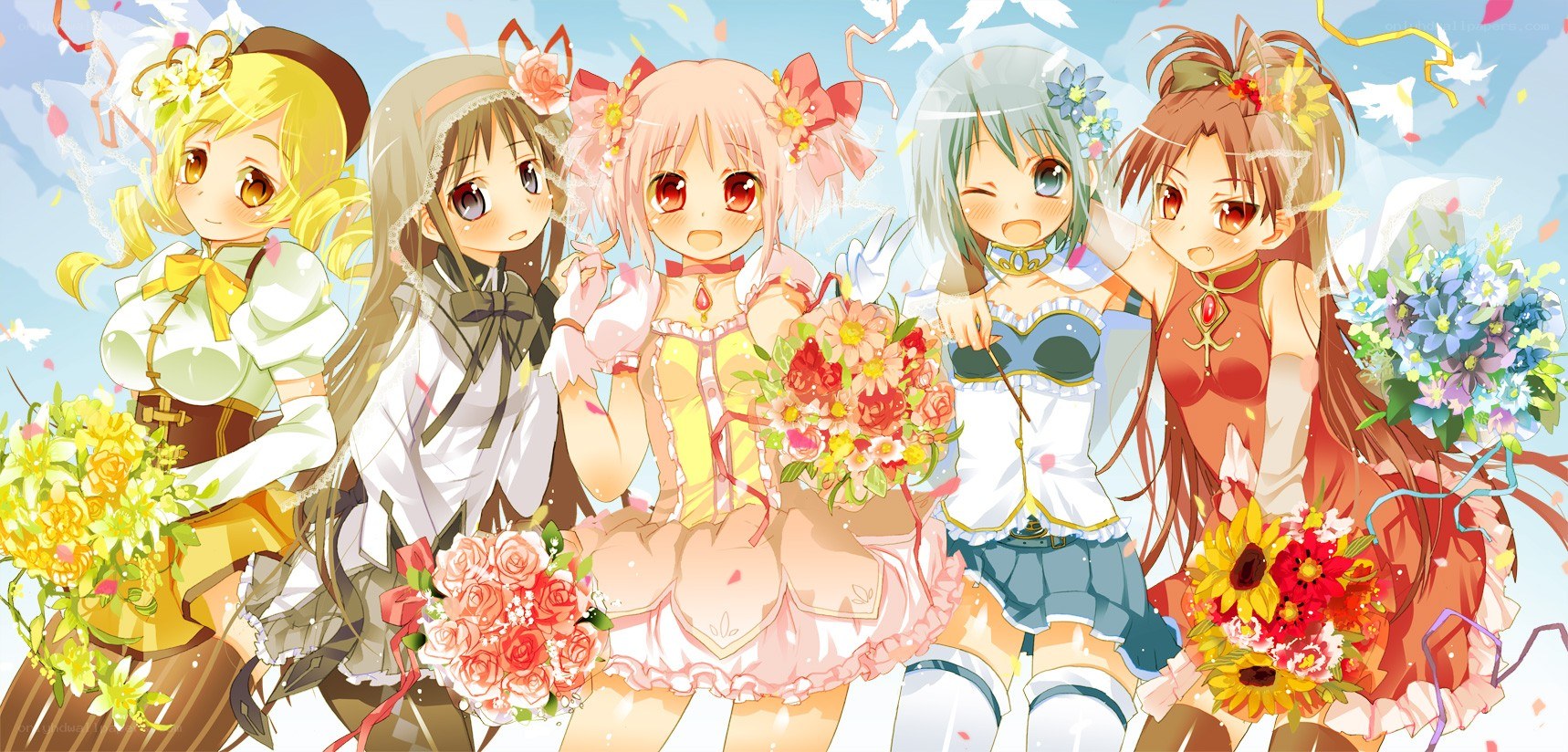 five girls with flowers