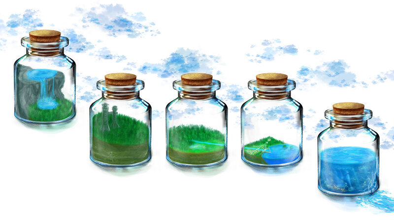 five glass jars with landscapes