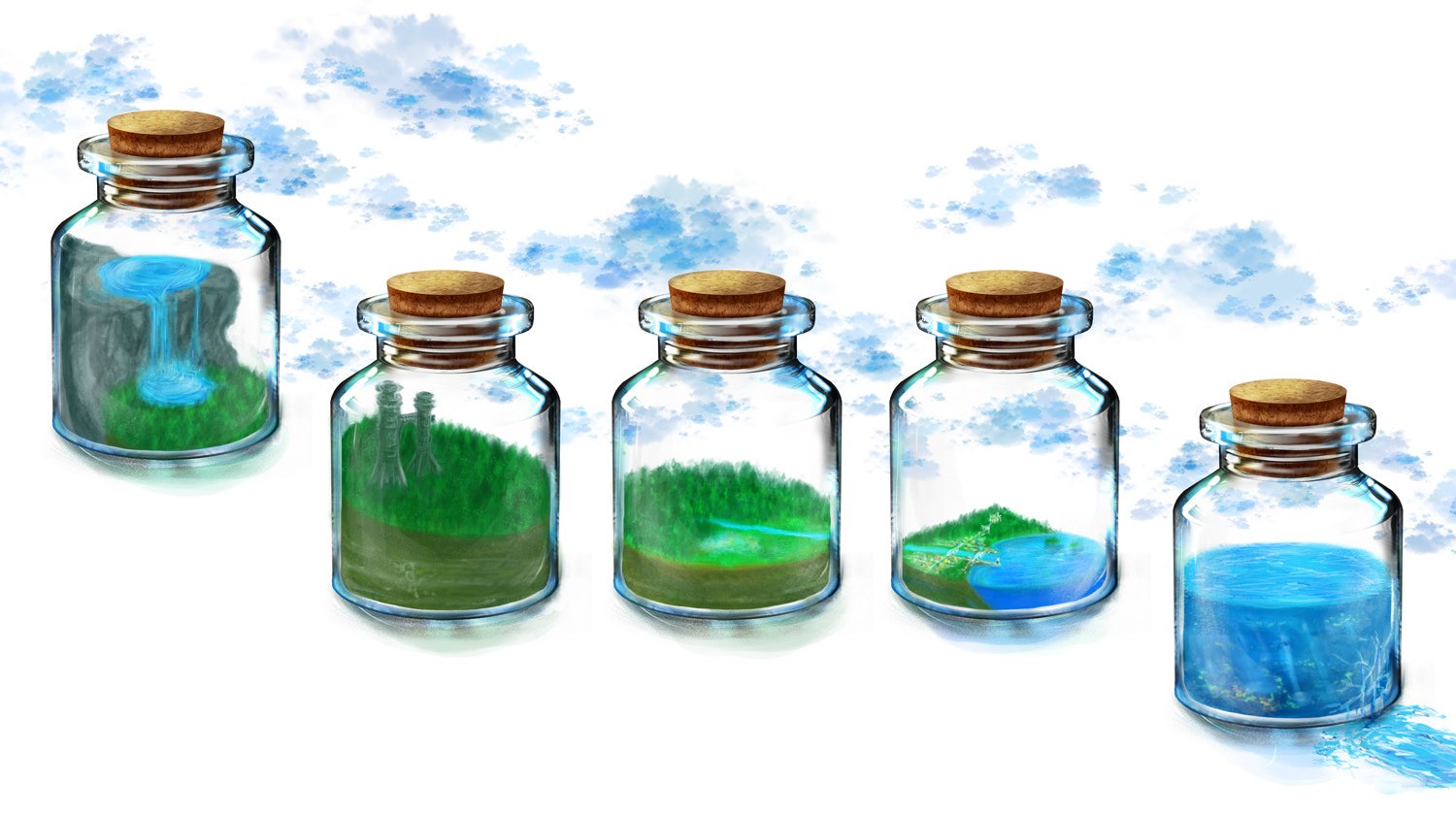 five glass jars with landscapes