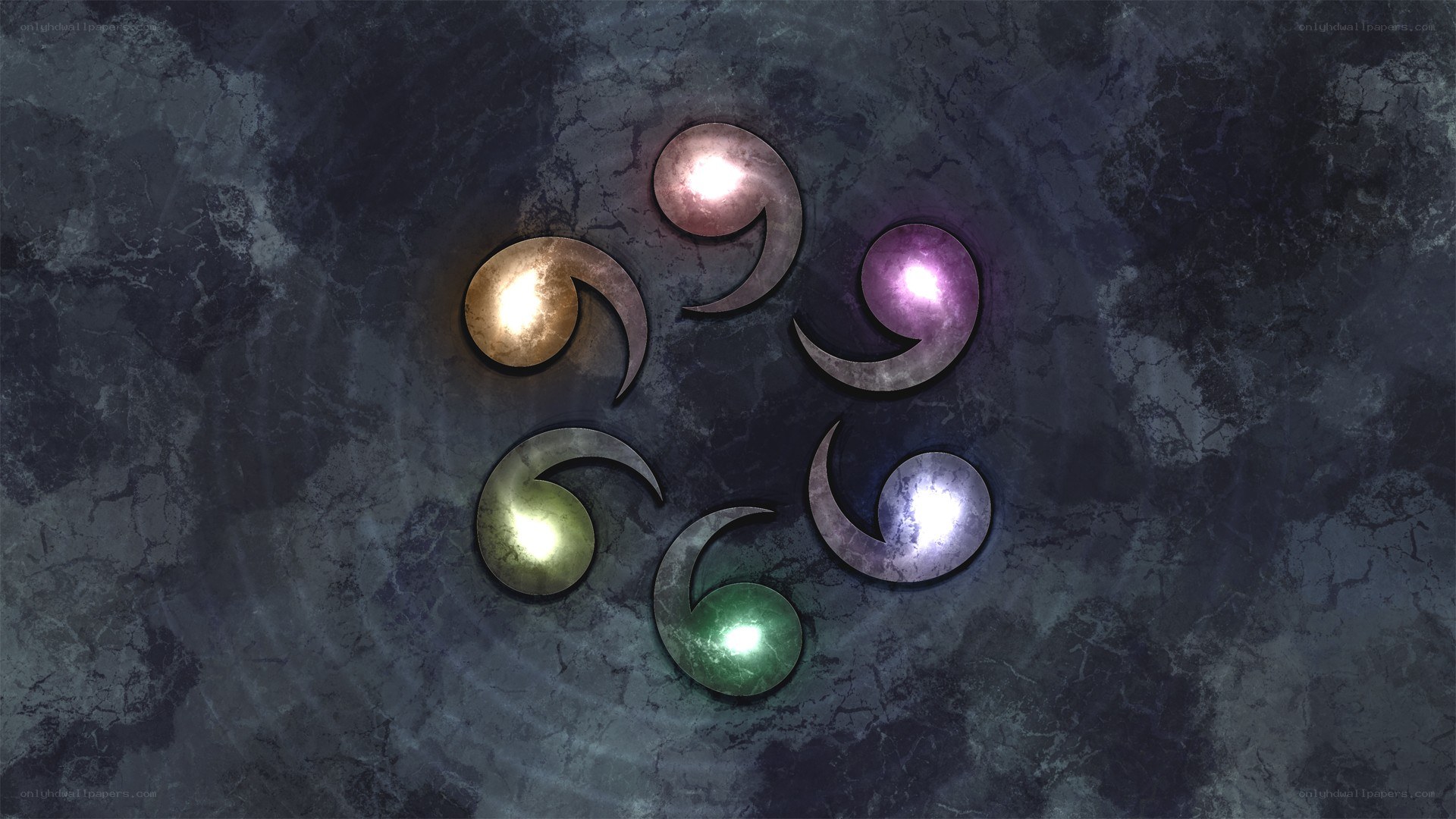 five glowing symbols on stone