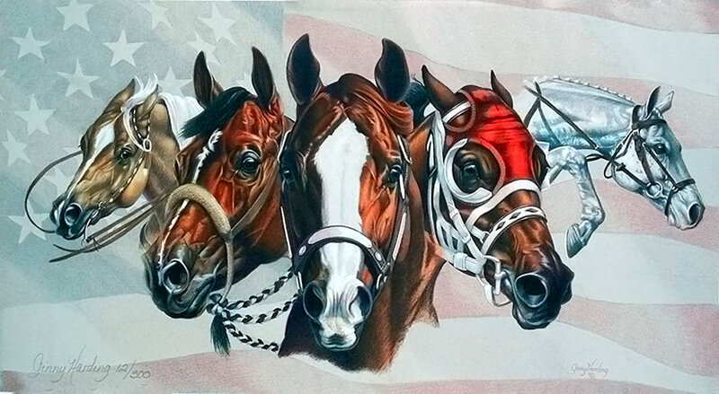 Five Horses in Front of Flag