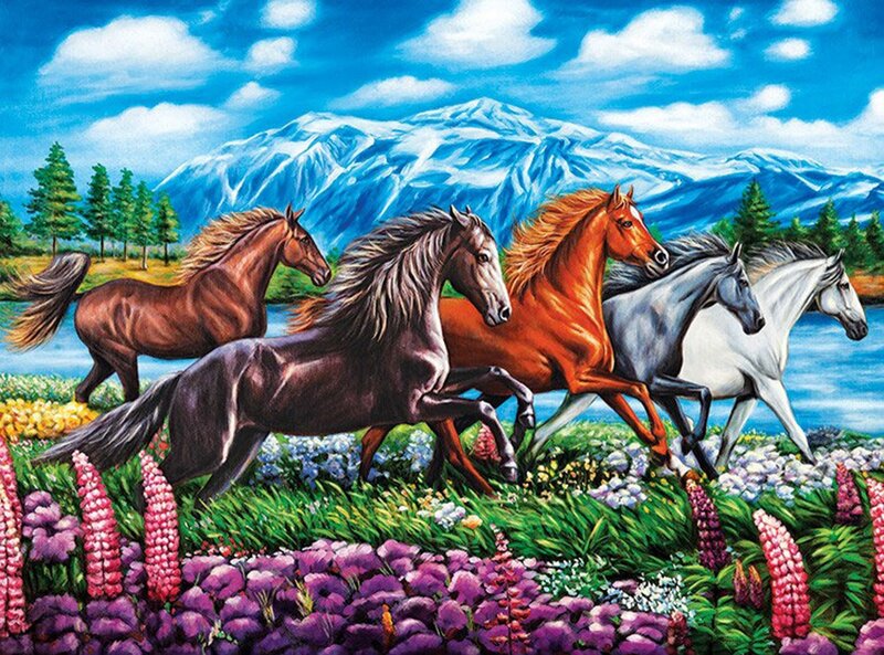 Five Horses Running — Blue, Vibrant