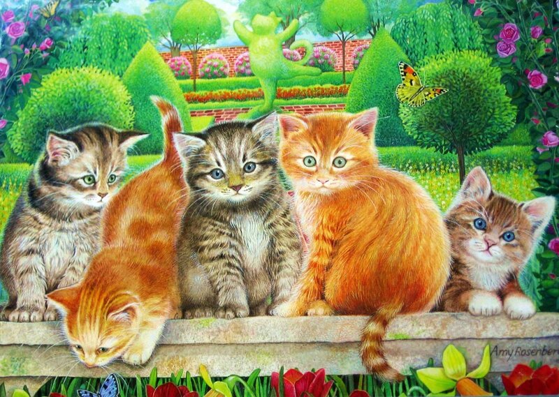 Five Kittens in Garden — Green, Serene