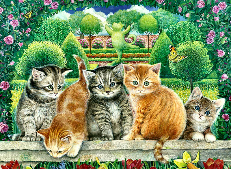 Five Kittens in Garden — Green