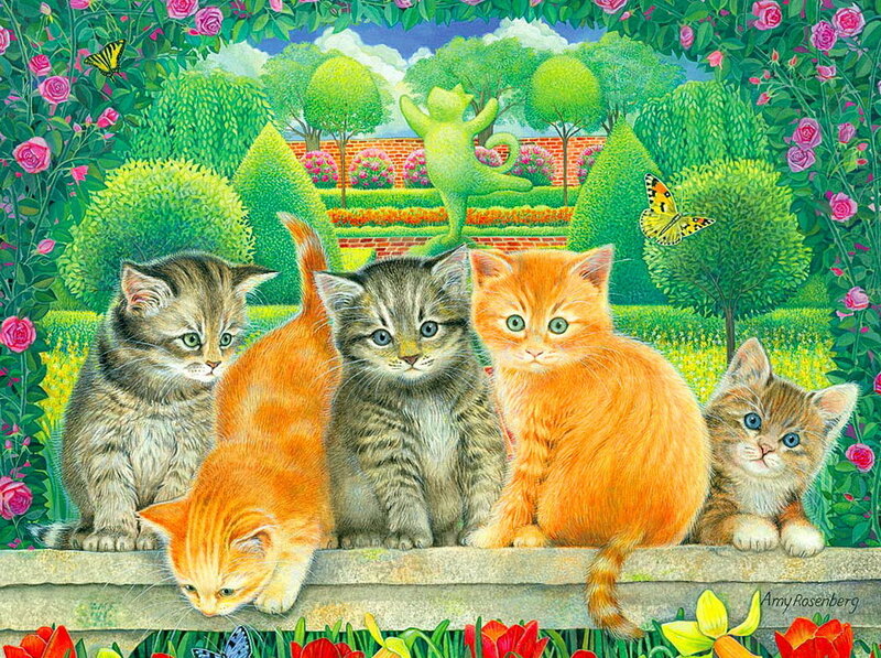 Five Kittens in Garden