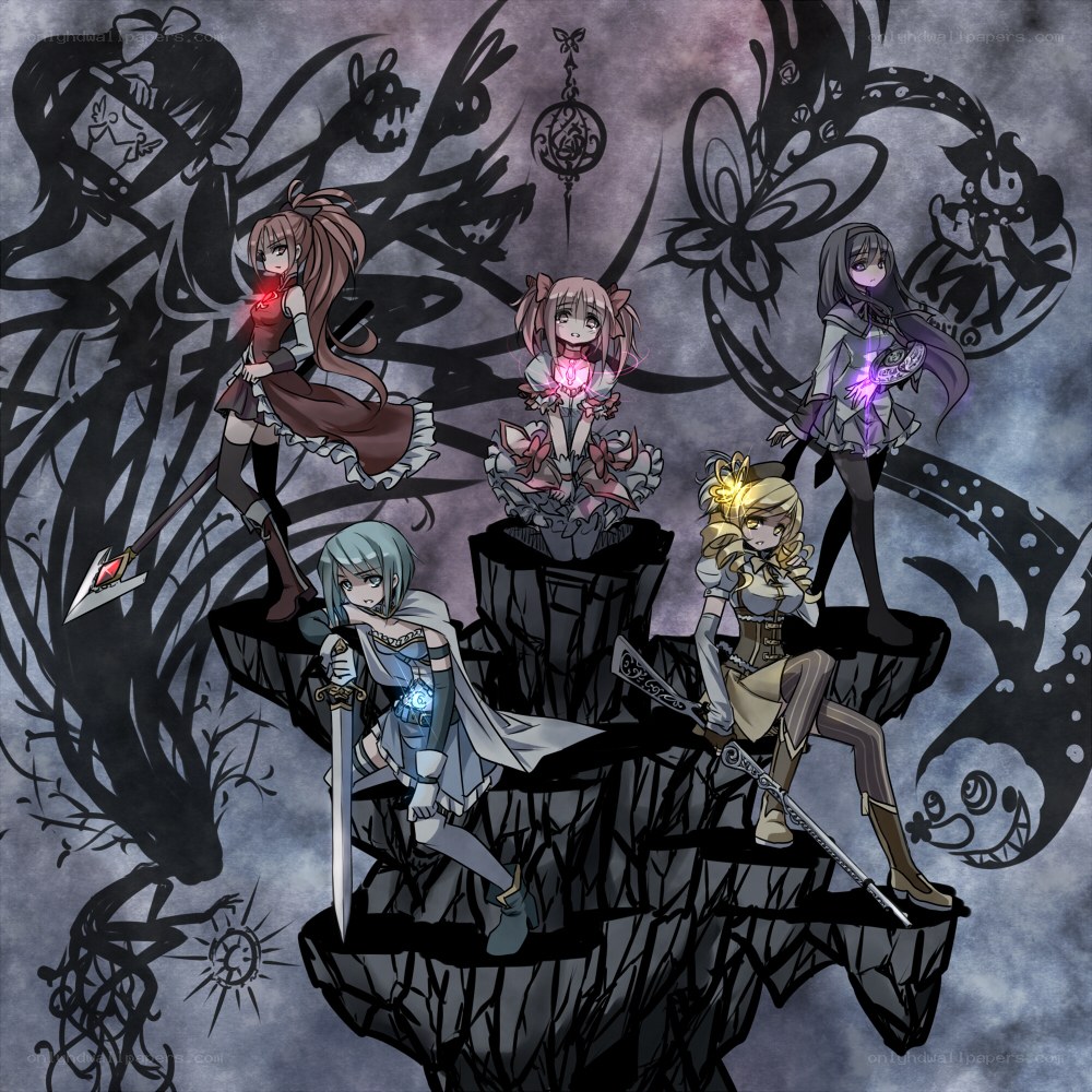 Five magical girls on a dark throne