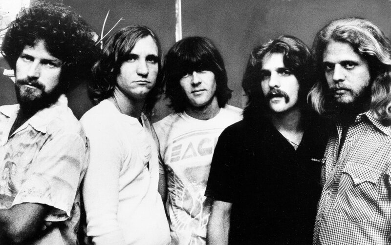 Five Men in Band — Black, Serious, Photograph, Long Hair, Beards