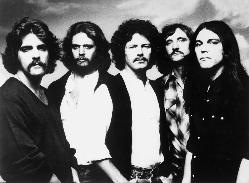 Five Men in Band — Black, Serious, Photograph, Long Hair, Mustaches