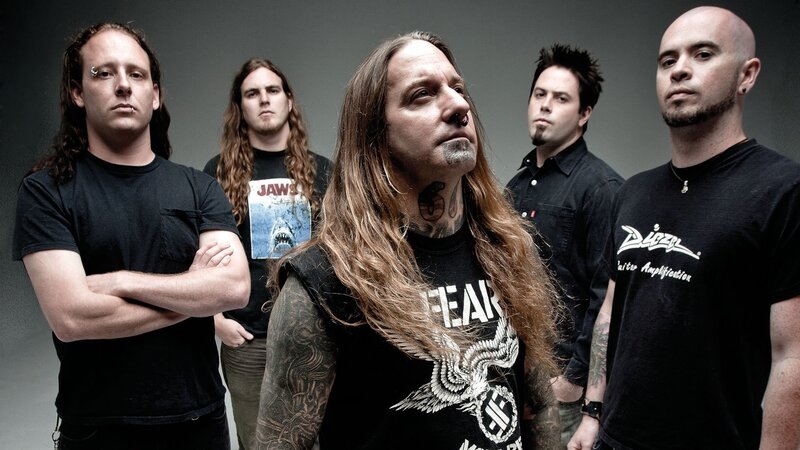 Five Men in Band — Black, Serious, Photograph, Tattoos, Long Hair, Black Shirts, Gray