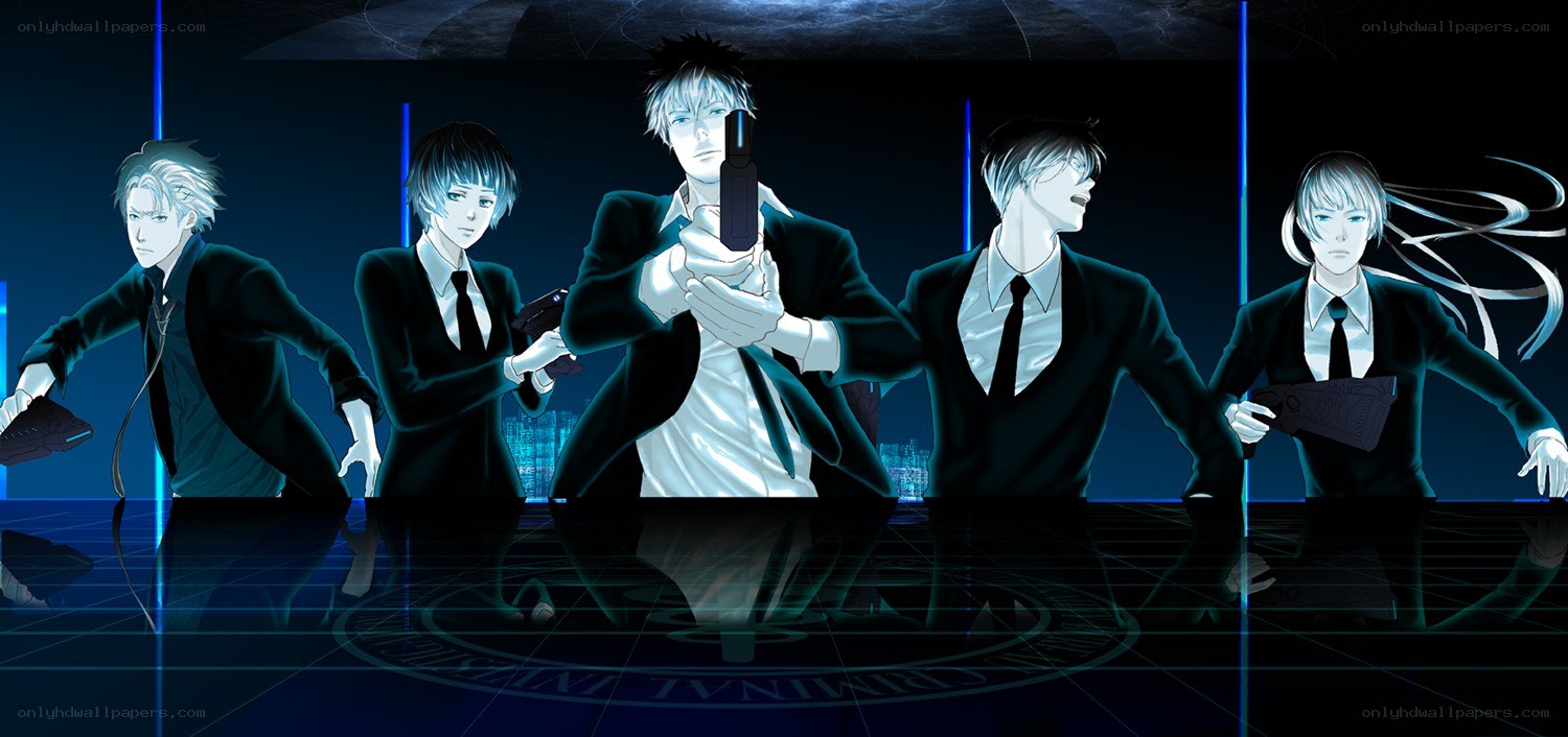 Five men in suits with guns