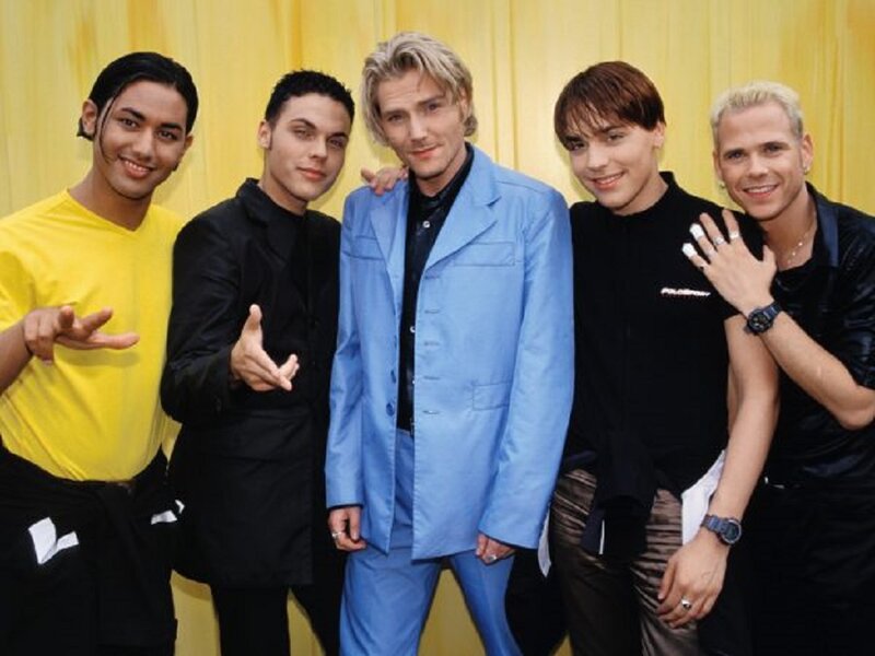 Five Men Posing Together — Blue, Friendly