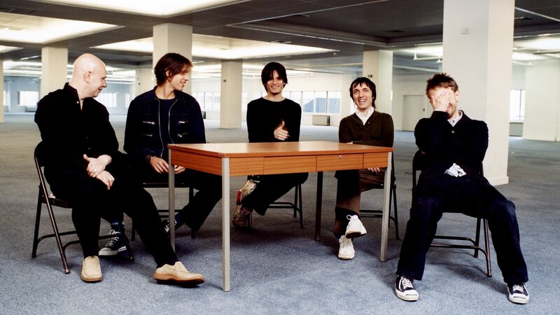 Five Men Sitting at Table — Blue