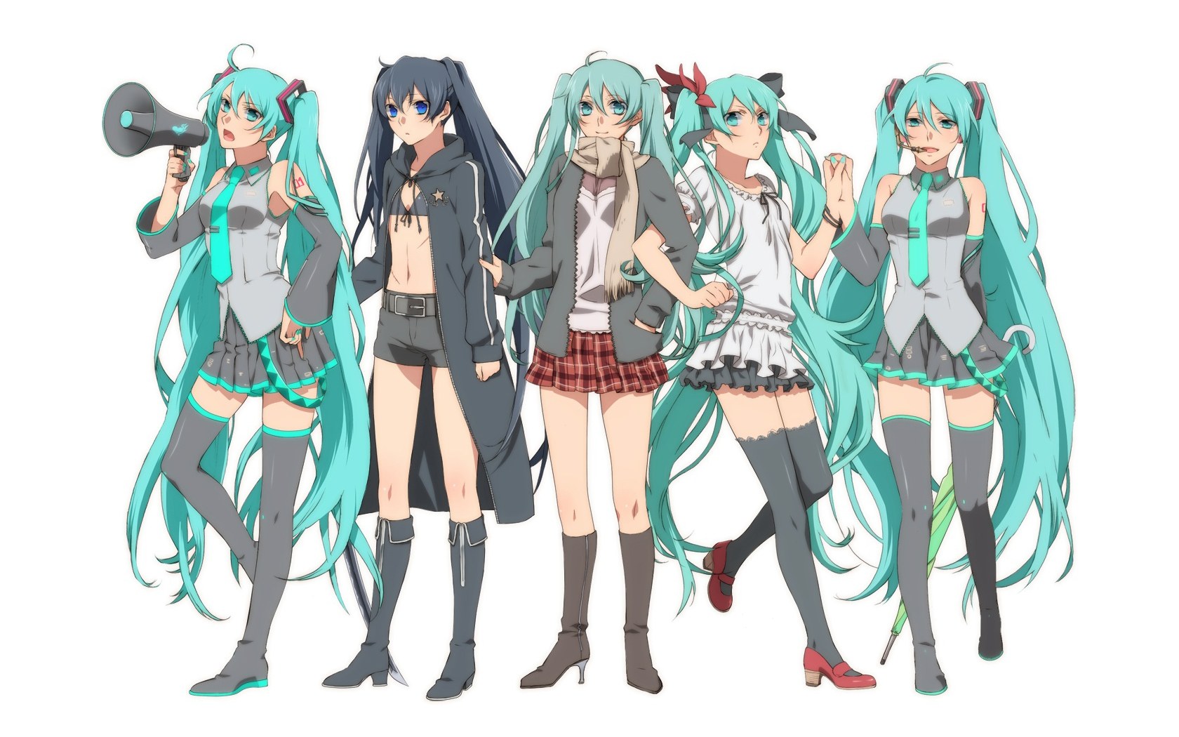 Five Miku characters in different outfits