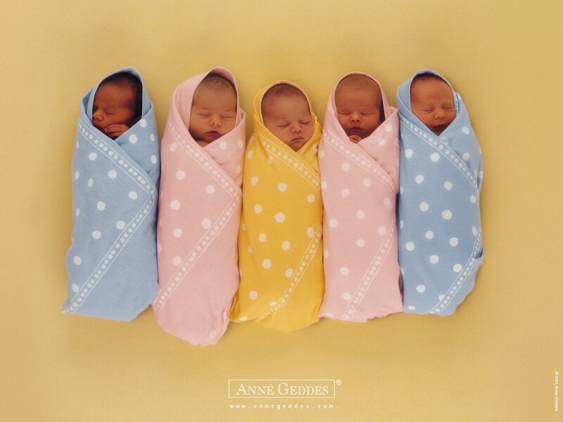five newborn babies wrapped in blankets