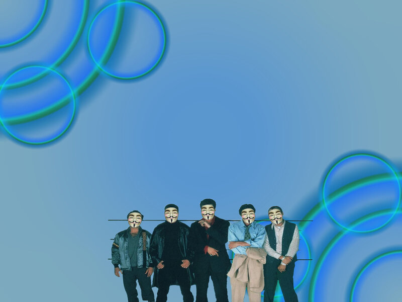 five people in masks on blue background