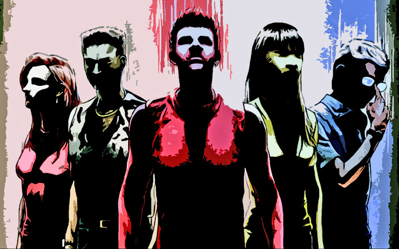 five people in stylized portrait