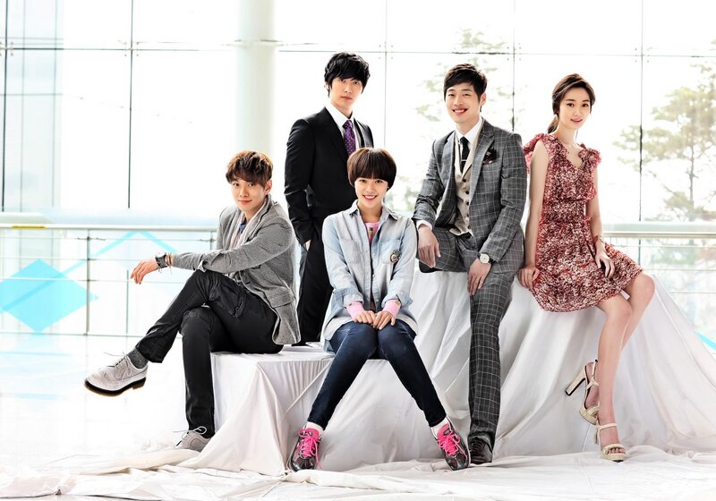 Five People Posing Together — White, Neutral