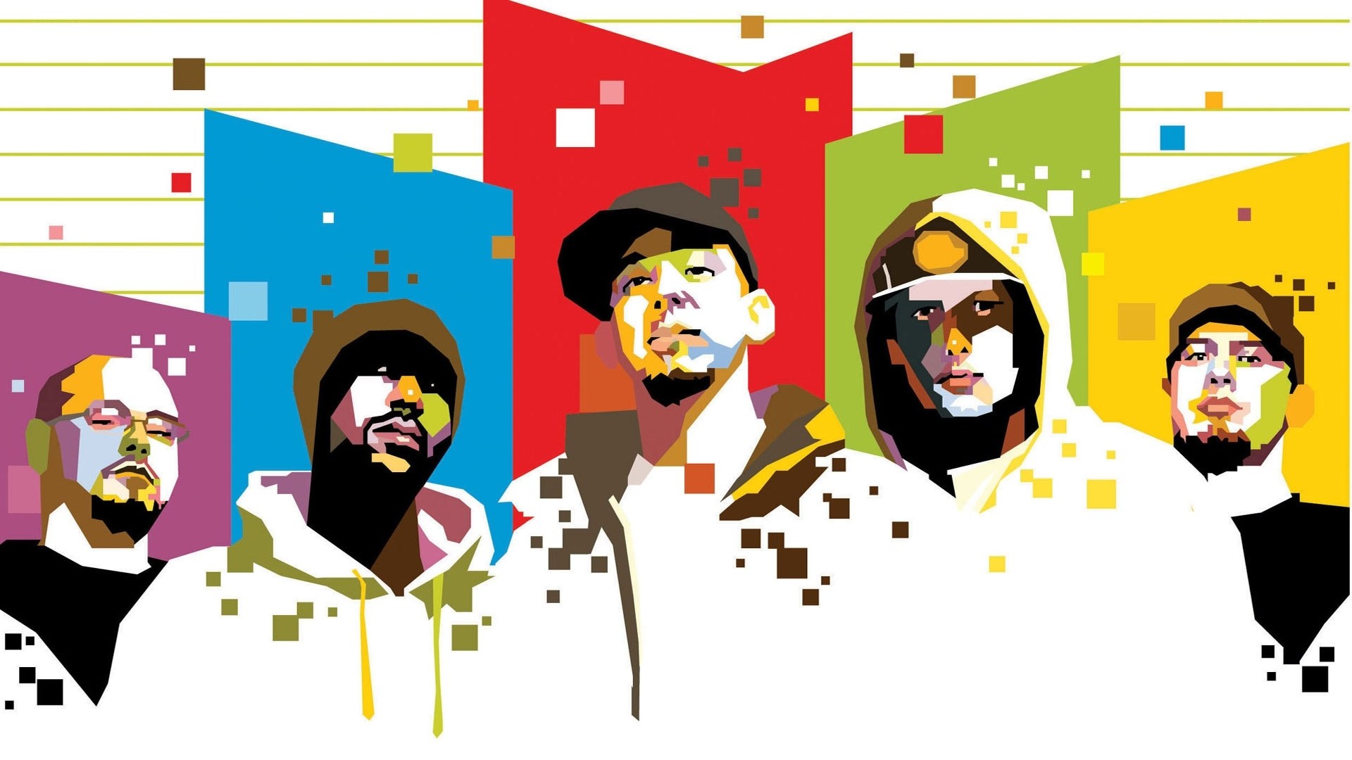 Five rappers in colorful art