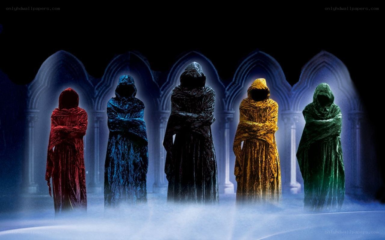 five robed figures in a gothic hall