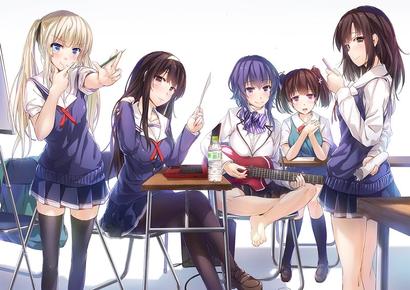 Five Schoolgirls in Classroom — Blue