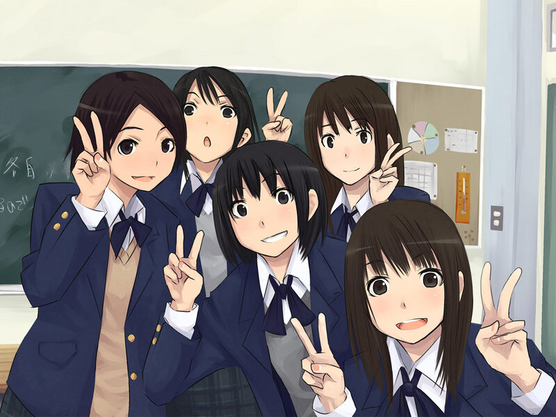 Five Schoolgirls in Uniform — Blue, Cheerful, Afternoon