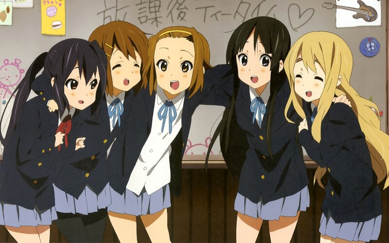 Five Schoolgirls in Uniform — Blue, Cheerful, Anime, School Uniform, Blackboard